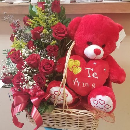 Flowers in Basket with Teddy Bear