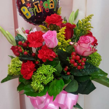 Happy birthday balloon with red and pink roses