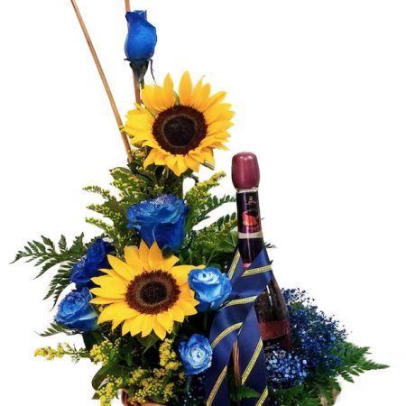 Basket blue Roses and sun flowers y sidra