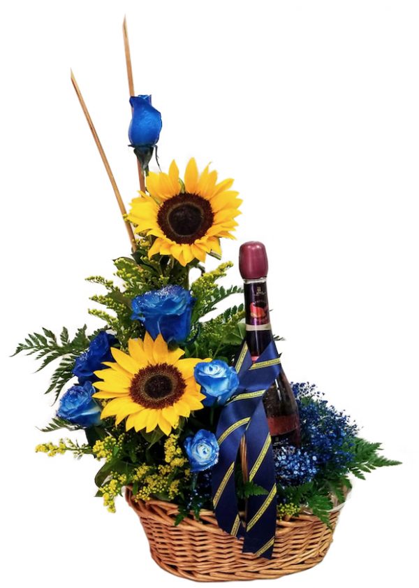 Basket blue Roses and sun flowers y sidra