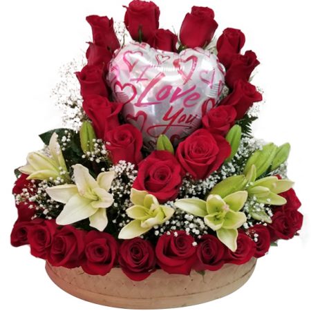 Red heart shaped with balloon and lilies