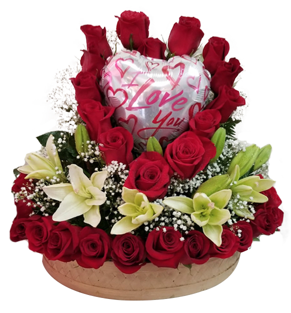 Red heart shaped with balloon and lilies