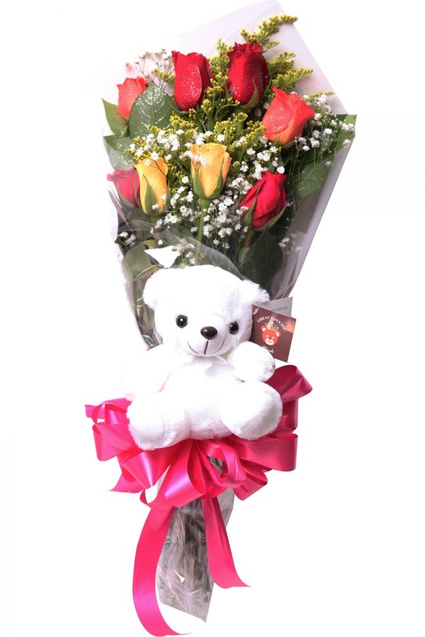 Presentation bouquet 12 rosas colores con teddy bear