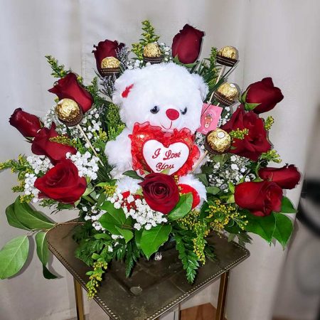 Romantic Bouquet. Chocolate. Teddy Bear. Red Rose