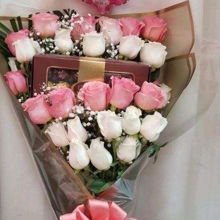 24 pink roses and chocolate