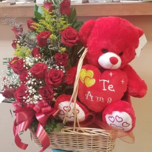 Flowers in Basket with Teddy Bear