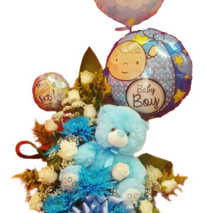 Blue flowers and teddy bear