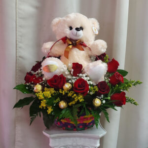Teddy Bear and Basket  Flowers