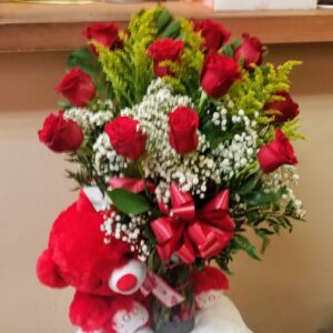 12 roses and teddy bear