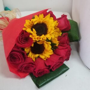 Paper wrapped Roses and sunflowers